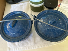 Blue Speckled Enamel Camping Pots Set of 2 w/ Lids, Metal Bail Handles picture