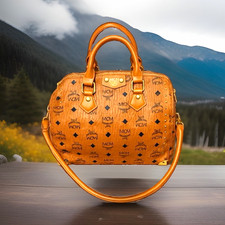 MCM Brown Monogram Satchel Top Handle Bag Detachable Strap Gold Hardware picture