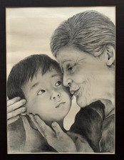 GRANMOTHER CHILD GRANDSON VINTAGE PENCIL DRAWING OFFSET LITHOGRAPH HIGH REALISM picture