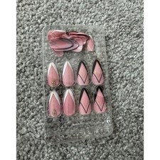 Pink French Oval Press On Nails 24pc Set Black Chevron Gold Glitter NEW picture