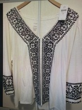 NWT J Jill Embroidered Mixed Media Knit V-Neck 3/4 Sleeve Top White/Black 2X picture