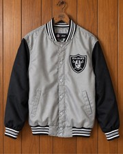 Las Vegas Raiders Varsity Letterman Bomber Jacket Mens M Silver & Black Quilted picture