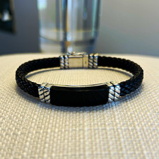 New EFFY Men's Black Onyx Braided Leather Bracelet Stainless Steel Box Clasp picture
