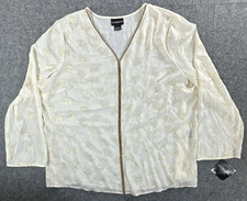 Liz Claiborne Sheer Blouse, Gold Leaf Print V-Neck Metallic Trim, Size XL picture