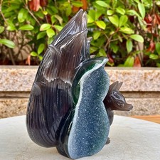 3.68LB  Purple Crystal Cave Spiritual Quartz Nine Tailed Fox Carving Gift picture