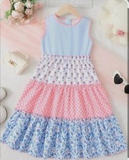 SHEIN Girls Tiered Sleeveless Dress Blue Pink Floral Striped Gingham Size 10Y  4 picture