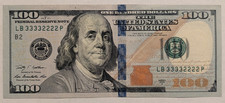 2009A $100 Federal Reserve Note Double Quad Serial 33332222 AU / XF Fancy Serial picture