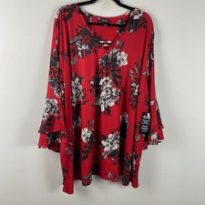 Catherines Dream Drape Bell Sleeve Top Size 4X Red Floral V Neck Stretch picture
