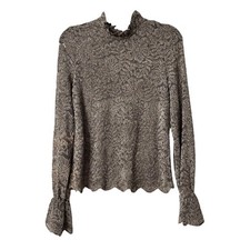 NWT Eri + Ali Anthropologie Womens Long Sleeve Lace Floral Taupe Top Shirt Small picture