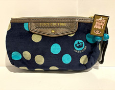 Juicy Couture Makeup Bag Zip Wrist Strap Blue Polka Dot Fabric Y3RU1723 picture