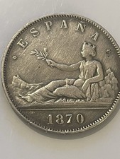 1870 Spain 5 Pesetas Silver Coin Provisional Govt Seated Hispania Crown Crowned picture