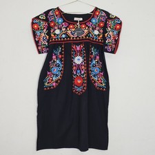YZXDORWJ Mexican Embroidered Women's Dress Sz S Cap Sleeve Boho Black Oversize picture