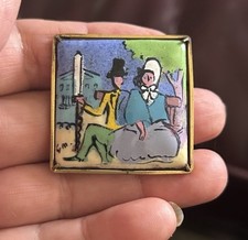Whimsical Signed Limoges Hand Painted Enamel Miniature Victorian Couple Brooch picture