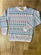 Vintage Pastel Fair Isle Knit Sweater White Hearts Flowers Teal Pink picture