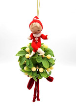 VINTAGE CHRISTMAS PLASTIC HANGING MISSLETOE BALL PIXIE ELF & VELVET RIBBON NICE picture