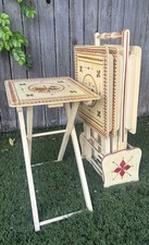 RARE Vintage Mid Century Danish Modern TV Tray Tables MCM Marquetry Wood OVERLAY picture