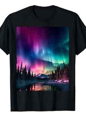 100% Cotton Alaska Landscape Aurora Borealis Northern Lights Vacay Merch T-Shirt picture