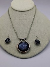 Vintage Signed KC Blue Pendant Necklace Druzy Earring Set (55 characters) picture