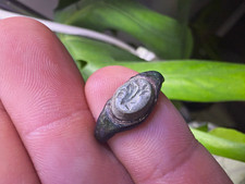 RARE Ancient Roman Bronze children’s Intaglio Ring Oval Carved Bird Bezel picture