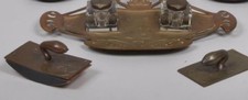 Antique German Bronze  (5) piece Desk Set Tray w/ 2 Glass Inkwell 2 blotters * picture