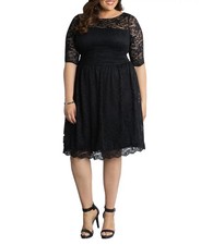 Kiyonna Women's Luna Lace Cocktail Midi Dress 1X Black Lace 3/4 Sleeves picture