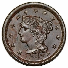 1847 Braided Hair Large Cent, N-7, rare LDS (c), obverse cuds picture