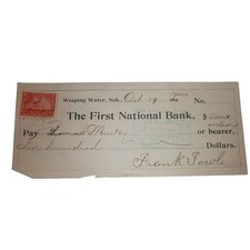 1900 Weeping Water NE First National Bank Check Thomas Murtey Revenue Stamp picture