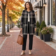 Talbots Petites longline Plaid Sweater knit Jacket Black Pink Windowpane Size MP picture