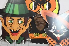 3 LOT ~ halloween CAT decorations WITCH cutouts vintage-style OWL  card b picture