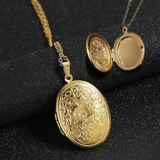 9CT Gold Locket Necklace Pendant and 20'' Chain Floral Engraved Locket picture