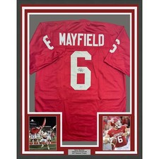 Framed Autographed/Signed Baker Mayfield 35x39 Oklahoma Red Jersey BAS COA picture