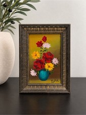 Vintage Signed Mini Floral Painting Framed Original Art Cottagecore Still Life picture