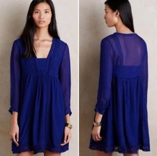 $128 Anthropologie Boho Tunic Mini Dress sz 4 Crocheted Blue Lace Sheer ¾ Sleeve picture