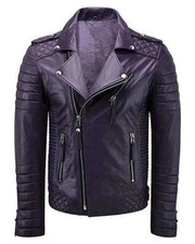 Men's Purple Genuine Lambskin Leather Quilted Biker Motorcycle Jacket Casual Zip picture