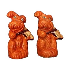 Vintage Japan Orange Dog Salt & Pepper Shakers Pipe Cork Stoppers MCM Kitsch picture