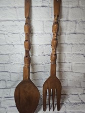 Vtg Wooden Fork And Spoon Tiki-Style Carved Wall Decor - 28