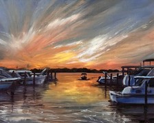 Sophie Dare Original Art 12x16 Oil painting  Doctors Lake Marina at Dusk picture