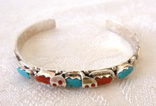 New Zuni Effie Calavaza Snake Cuff Bracelet Turquoise Red Coral Sterling Silver picture