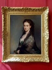 Antique Noble Woman Garland Hairstyle Blue Gown Oil Painting Classical Canvas picture