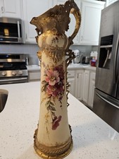 Antique Amphora Turn Teplitz Style Porcelain Ewer Pitcher With Gilded Floral... picture