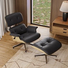 NEW Mid Century Tall Eames Chaise Lounge Chair and Ottoman Black Real Leather picture