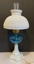 Vintage MCM Blue & Milk Glass Base & Ribbed Shade Hurricane Table Lamp 23” picture