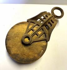 Antique Cast Iron & Wooden Swivel Single-Sheave Pulley Block w/ Hanging Ring picture