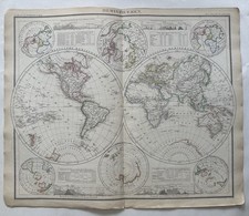 World in hemispheres Mt profiles c.1865 Bruckner Stein scarce antique large map picture