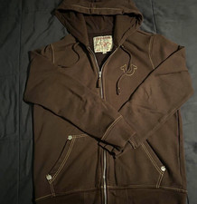 True Religion Men’s M Brown Full Zip Fleece Hoodie Embroidered Logo Graphic picture