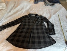 Soft Surroundings Women's S Gray Black Plaid Collared Button Long Sleeve Top picture