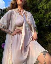 Vintage 1960s Lady Leonora Pink Nylon & Lace Peignoir Set Satin Ribbon SZ S-M picture