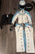 ICON Kitty Womens Motorcycle Jacket Chaps Helmet Outlaw Leather Blue White READ picture