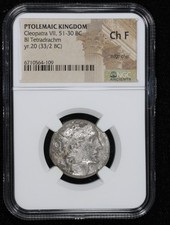 Cleopatra VII BI Tetradrachm Ptolemaic Kingdom Coin (Year 20) 33/2 BC • NGC Ch F picture