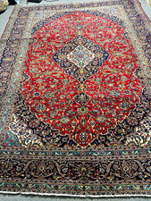 Hand Knotted Ka’shan Oriental 9'9” x 13' Wool Area Rug Red/Navy Medallion Floral picture
